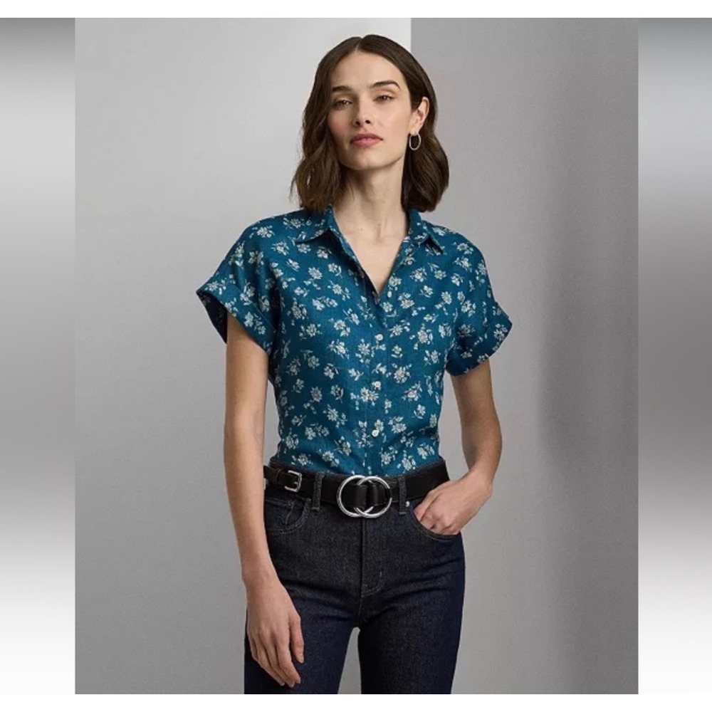 Lauren Ralph Lauren Teal Cuffed Linen Button Up Shirt White Floral Print 2X